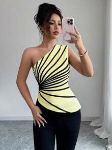 Blusa de punto con estampado de hombro oblicuo elegante para vacaciones de verano para mujer - Amarillo claro - Ver 5