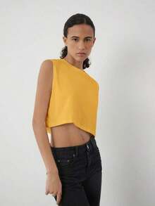 Top corto de tirantes holgado y cómodo de cuello redondo, de unicolor, para verano - Amarillo - Ver 6