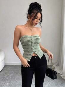 Top corto sin mangas con botones delanteros y estampado de pata de gallo, para uso en oficina o viajes, de moda para el verano - Verde - Ver 5
