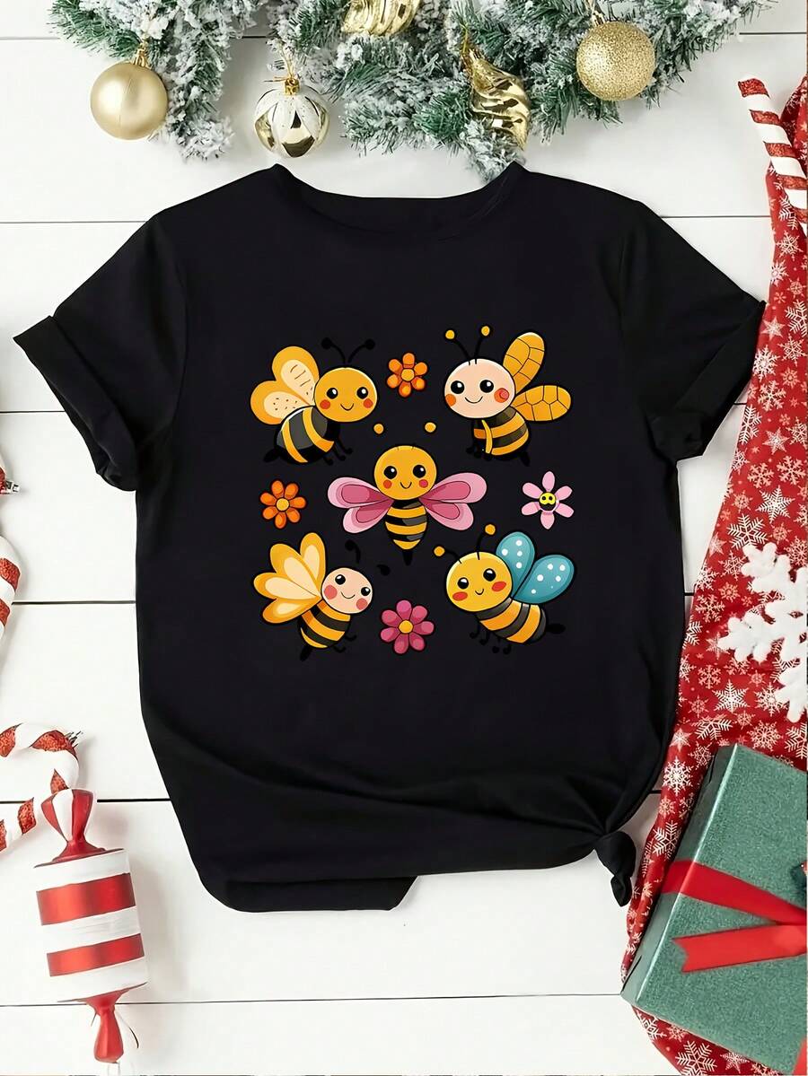 Limited Time Offer, Limited Quantities, Flash ! Women's Casual Shirts, Women's Polyester T-Shirts, Elegant Shirts. A Loose, Stylish, And T-Shirt Made Of Fiber, With A Cute Bee Print, Perfect For Everyday Casual Wear In Women's Fashion. - 黑色 - 查看 1