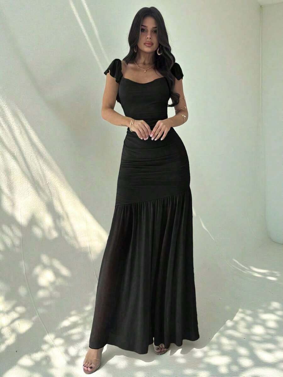 Vestido ajustado con volantes en el bajo, cintura anudada y malla verde elegante para mujeres, adecuado para fiestas, vacaciones, festivales de música, temporada de bodas, brunch, Día de San Patricio, vestidos largos bohemios para mujeres, Fairycore, atuendos de vacaciones, vestidos de graduación, atuendos de playa, atuendos de aeropuerto - Negro - Ver 1