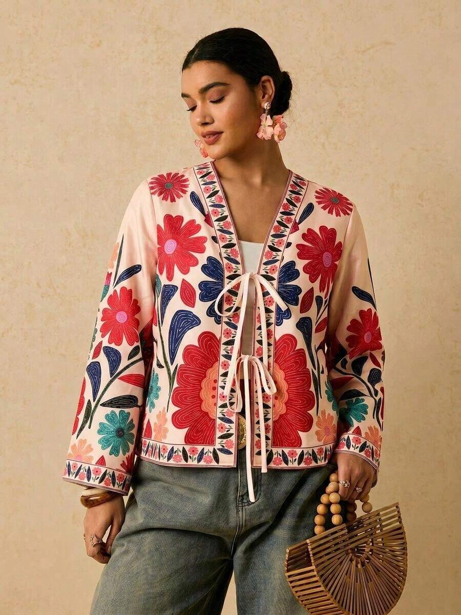 Camisa casual versátil de uso diario con estampado floral y nudo delantero para mujer de talla grande - Multicolor 5 - Ver 1