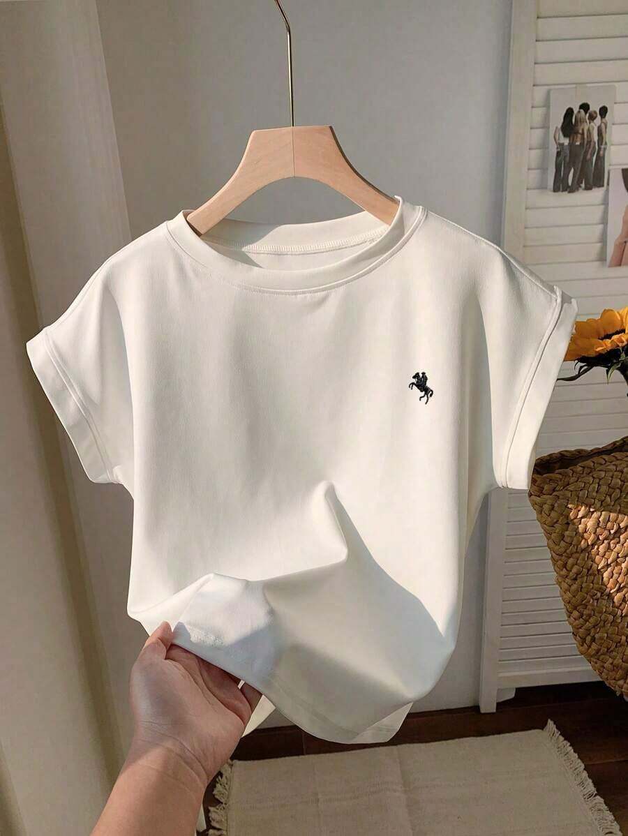 Camiseta de manga corta de cuello redondo de color liso casual de verano - Blanco - Ver 1
