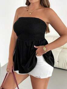 Blusa sin tirantes de rayas negras y blancas, versátil, cómoda y estilizadora, para mujer talla grande, ideal para primavera/verano, vacaciones y salidas, estilo europeo de verano - Negro - Ver 6