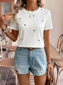 Frenchy Camiseta casual de manga corta para uso diario con corazón bordado en hilo dorado para mujer, camiseta de verano para mujeres con atuendo de fiesta de té de algodón, parte superior bordada, camiseta de algodón para mujeres.Tops de verano - Blanco - Ver 5