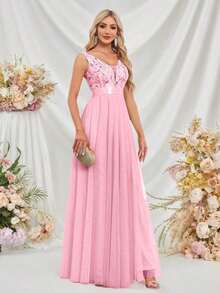 Vestido de dama de honor formal de línea A con escote en V sin mangas, bordado y de malla, vestido de fiesta elegante, vestido de invitado de boda formal, vestido de ceremonia de graduación, vestido de noche de primavera - Rosa Pálido - Ver 3