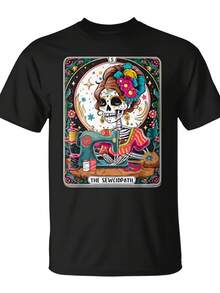 Camiseta de mujer con estampado de calavera de costura y patólogo del tarot, unisex, para uso diario, novedad divertida de Navidad 2025, camiseta de hombre, ropa de calle de moda de verano, camiseta estampada informal, cómoda y de alta calidad, 100% algodón, 220g - Negro - Ver 1