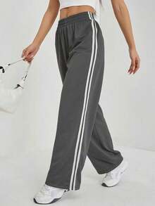 Pantalones casuales con rayas laterales negras, de estilo simple y de moda para uso diario, graduación, maestros y vuelta al colegio para mujeres - Gris Oscuro - Ver 1