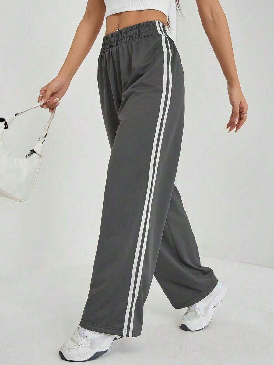 Pantalones casuales con rayas laterales negras, de estilo simple y de moda para uso diario, graduación, maestros y vuelta al colegio para mujeres - Gris Oscuro - Ver 1