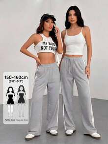 Pantalones casuales con rayas laterales negras, de estilo simple y de moda para uso diario, graduación, maestros y vuelta al colegio para mujeres - Gris - Ver 6