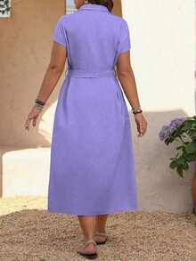 Vestido casual de talla grande para mujer con cinturón de unicolor - Morado - Ver 2
