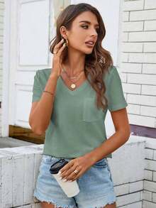Camiseta de mujer cómoda de algodón, informal, con bolsillo, cuello en V, versátil y de moda - Verde - Ver 5