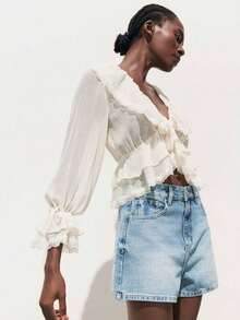 Blusa con botones y mangas con volantes con estampado floral de verano - Blanco - Ver 8