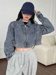 Chaqueta Corta De Mezclilla Para Damas Con Cierre Frontal - Azul lavado oscuro - Ver 5