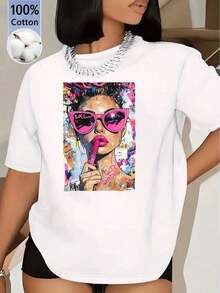 [Free National Shipping] Women's Summer T-Shirt With Graffiti Style Female Figure Print, Loose Fit, Casual, Short Sleeve, For Daily Outings, Home Or Gift, Cotton Women's T-Shirts - 風格 - 查看 1