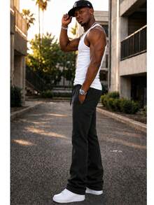 Mens Casual Tech Fleece Solid Stacked Sweat Pants Casual Pants Flare Cotton Blend - 黑色 - 查看 3