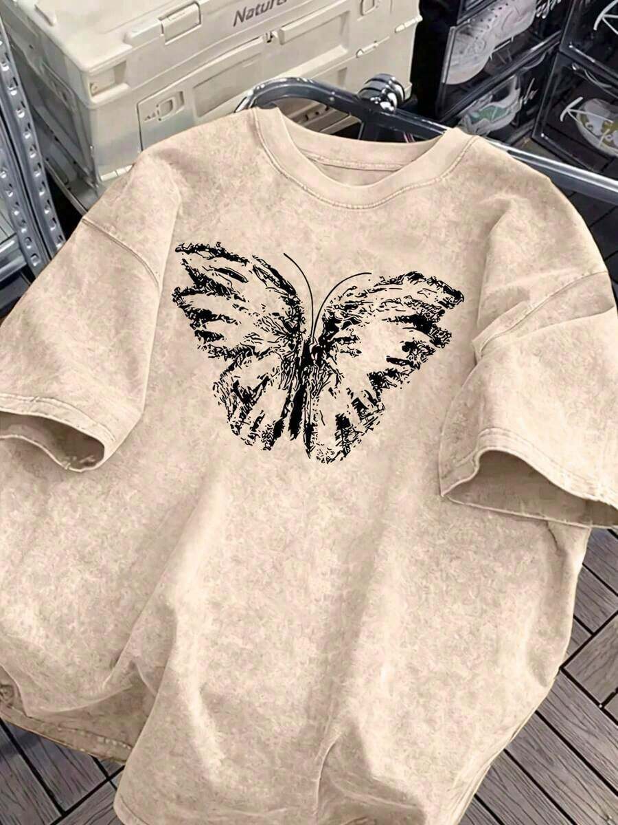 Fun And Retro Women's Clothing With Butterfly Print And Cartoon Lettering, Street Style, Korean Style, Comfortable, Retro, Versatile For Everyday Wear, Y2K Women's Clothing, Black Fitted Short-Sleeved Crew Neck T-Shirt Niche Punk Style, Comfortable Pure Cotton T-Shirt From The Washed Retro Series, Easily Creates A Casual Retro Style, Suitable For Daily Commuting, Casual Outings, Daily Wear, Classic Retro Style Women's Clothing. - 杏色 - 查看 1