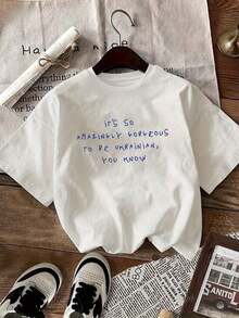 Nueva camiseta de moda de verano para mujeres con cuello redondo y estampado de letras, fresca, de manga corta, envío nacional, blusas de manga larga para mujeres - Blanco - Ver 1