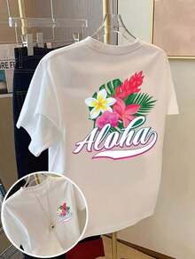 Camiseta Tropical Hawaiana para Mujer - Blusa con Hibisco Rosa y Cuello Redondo, I para Vacaciones en Hawaii, Fiestas en la Playa y Looks de Verano - Ropa Lavable a Máquina, Estampado Moderno, Tejido Cómodo, Outfit Primaveral100% Cotton - Blanco - Ver 1