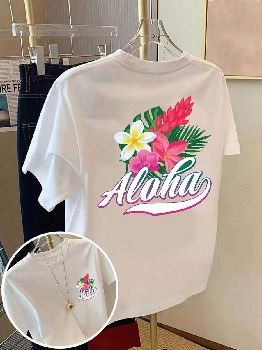Camiseta Tropical Hawaiana para Mujer - Blusa con Hibisco Rosa y Cuello Redondo, I para Vacaciones en Hawaii, Fiestas en la Playa y Looks de Verano - Ropa Lavable a Máquina, Estampado Moderno, Tejido Cómodo, Outfit Primaveral100% Cotton - Blanco - Ver 1