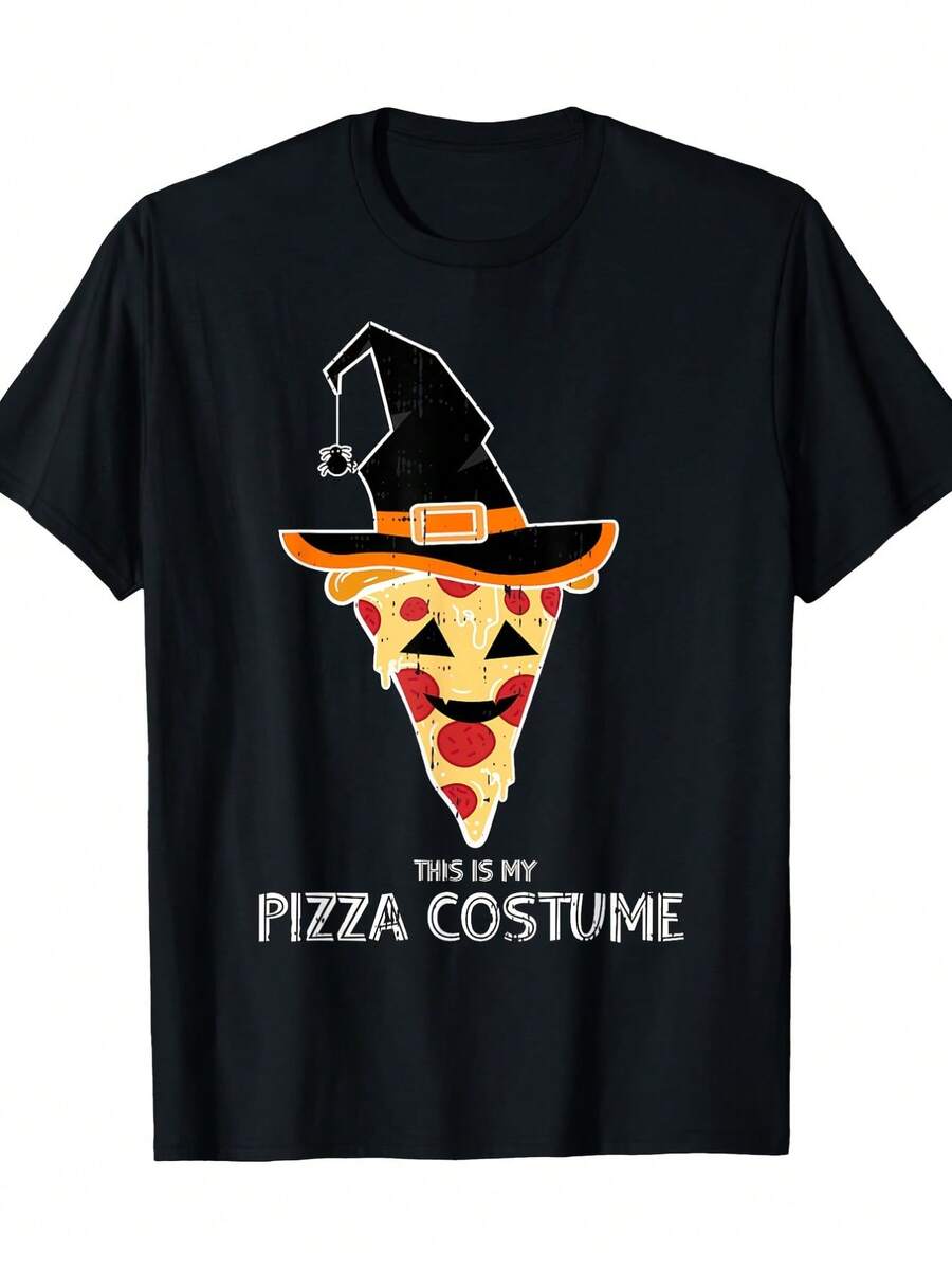 1 camisa con temática de pizza de Halloween, diseño geométrico de sombrero de bruja, 100% algodón, cuello redondo, manga corta, ropa formal, adecuada para todas las estaciones, tejido de punto, impresión digital directa, ropa casual para el día a día - m2 - Negro - Ver 1