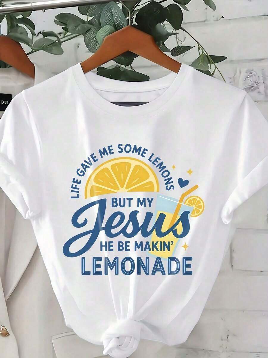 Regalo: 1 camiseta blanca para mujer con estampado de rodaja de limón y Jesús, cuello redondo, camiseta casual de algodón, tejido de punto de elasticidad media, corte regular para damas, para primavera/verano/otoño, suave. - Blanco - Ver 1