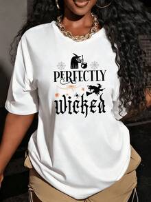 Camiseta para mujeres con estampado gráfico de bruja y murciélago perfectamente malvado para Halloween, opciones en blanco y , top casual de talla para mujeres, atuendo de otoño, tops de verano, camisetas gráficas, atuendos de verano para mujeres, camisetas gráficas, tops cortos para mujeres, tops para mujeres, ropa vintage de algodón linda, atuendo de Navidad para mujeres, vestidos elegantes de mujer, tops de Navidad, playera deportiva para mujeres, ropa deportiva para mujeres, blusas deportivas,Suitable for spring, summer and autumn - Blanco - Ver 7