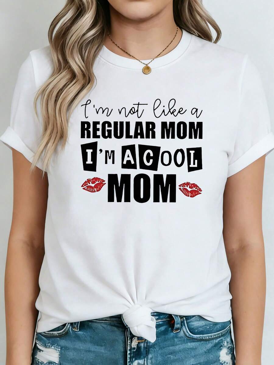Camiseta de mujer de talla grande con estampado de "Cool Mom I'M A COOL MOM", estilo curvado, holgada, para primavera/verano. Ideal para el uso diario de mamás, reuniones entre padres e hijos, conjuntos personalizados y ocasiones sociales con humor. Camiseta de manga corta adecuada para el día a día. Ajuste elástico y relajado. - Blanco - Ver 1