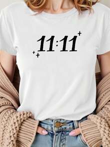 Camiseta ligera y transpirable para mujer, con diseño casual de verano - Cuello redondo, mangas cortas, negra con estampado blanco "11:11" y diseño de estrellas, ligera y transpirable, adecuada para uso casual, camiseta de verano bonita, nueva prenda de moda de verano, regalo para vacaciones, ideal para combinar en conjuntos de primavera y otoño. - Blanco - Ver 11