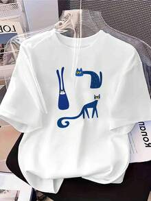 Camiseta de Mujer con Estampado de Gatos Azules - Camiseta Inspiradora para Mujer - Cuello Redondo - Diseño Casual Ligero de Primavera/Verano con Diseño Fantasioso y Frase Emblemática - Lavable a Máquina - Ropa Casual Cómoda y Tops para Salir para Mujer - Blanco - Ver 7