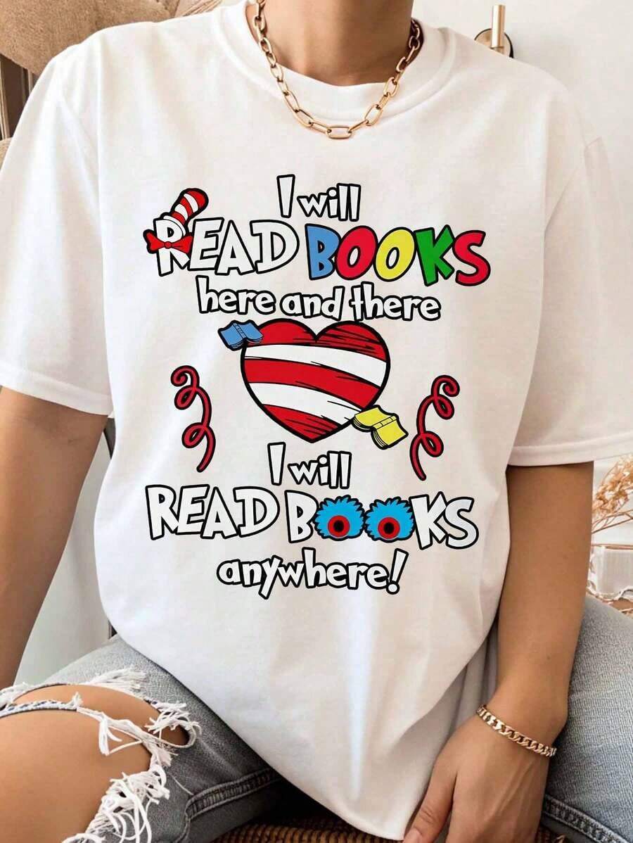 Leeré libros aquí y allá, leeré libros en cualquier lugar. Camiseta para amantes de los libros, entusiastas de la lectura, regalo literario para mujeres, hombres, niños, amantes de los libros. Ropa casual para el día de la lectura, cumpleaños, Navidad, regalo de vacaciones. - Blanco - Ver 1