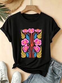 Una camiseta de mujer de manga corta, holgada, moderna, retro y elegante, adecuada para actividades al aire libre en primavera y verano, con coloridos estampados florales.Es una camiseta de marca moderna y a la moda para fiestas de verano, salidas, uso diario informal y deportes al aire libre.Es un excelente regalo para las vacaciones y se puede lavar a máquina.blusas para mujer,blusas casuales para dama,tops,, mujer premium,y2k,playeras de mujer curvy,ofertas y liquidaciones ropa mujer,playeras deportivas para mujer,,playeras de hombre, mujer,blusas>elegante 2VNS - Negro - Ver 1