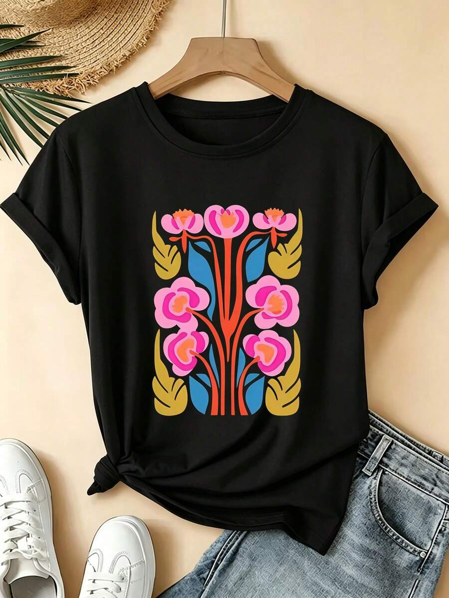 Una camiseta de mujer de manga corta, holgada, moderna, retro y elegante, adecuada para actividades al aire libre en primavera y verano, con coloridos estampados florales.Es una camiseta de marca moderna y a la moda para fiestas de verano, salidas, uso diario informal y deportes al aire libre.Es un excelente regalo para las vacaciones y se puede lavar a máquina.blusas para mujer,blusas casuales para dama,tops,, mujer premium,y2k,playeras de mujer curvy,ofertas y liquidaciones ropa mujer,playeras deportivas para mujer,,playeras de hombre, mujer,blusas>elegante 2VNS - Negro - Ver 1
