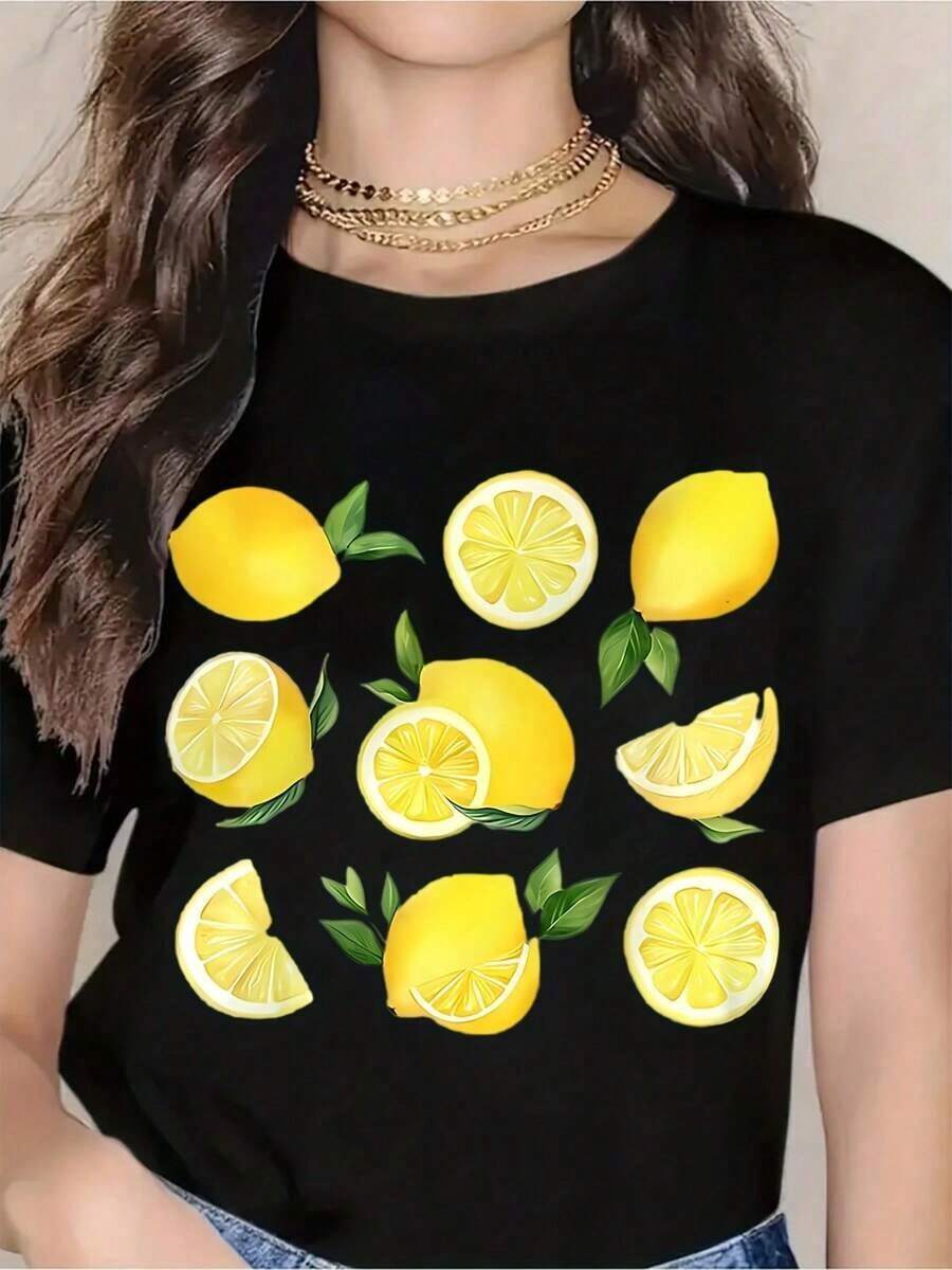 Camiseta Casual para Mujer con Estampado de Limones - Diseño de Frutas Cítricas Frescas, Manga Corta, Ideal para Verano, Playa, Vacaciones o Uso Diario. Adecuada como regalo. playera de mujer. blusas>elegantes. boho chic,Top de mujer suave, transpirable y cómodo, ideal para primavera, verano y otoño, perfecto para vacaciones, viajes y uso diario. - Negro - Ver 1