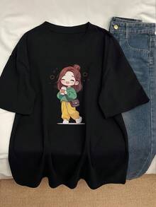 Women's T-Shirt With Coffee Anime Print - Japanese And Korean Street Style, Color Block Design, Round Neck, Short Sleeve, Coffee Cup And Coffee Bean Design, Casual Navy Blue Style, Comfortable And Loose, Suitable For All Seasons, Ideal For Anime Conventions And Daily Wear, 180g 100% Cotton. - 黑色 - 查看 1