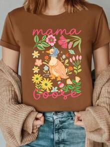 1 pieza de camiseta con estampado floral de "madre ganso", camiseta de "madre ganso", camiseta para el Día de la Madre, camiseta con estampado de "madre ganso" con pañuelo para la cabeza, camiseta para anunciar el embarazo, ropa de club para mujer, ropa femenina asequible y bonita, camiseta cómoda para todas las estaciones, 180g 100% algodón. - Blanco - Ver 9