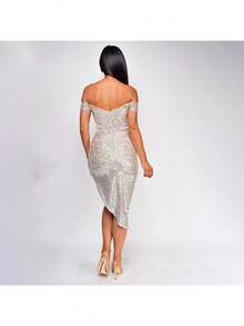 Women's Champagne-Colored Sequined Dress, Off-Shoulder Draped Design, Asymmetrical Side Slit, Stretchy Shiny Fabric Ideal For Summer Parties, Weddings As A Guest And Elegant Outdoor Dinners, Sexy Glamorous Style Perfect For Celebrations And Formal Events - 白色 - 查看 2