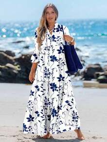Long-Sleeved V-Neck Pleated Maxi Dress With Blue And White Floral Print, Suitable For Spring And Summer, Sundresses For Women, Shirt Dresses For Women In Autumn, Elegant Holiday Dress - 彩色 - 查看 1