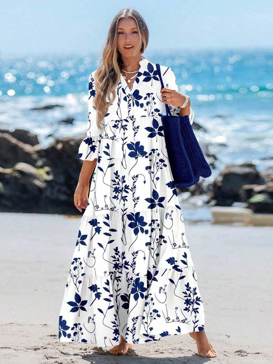 Long-Sleeved V-Neck Pleated Maxi Dress With Blue And White Floral Print, Suitable For Spring And Summer, Sundresses For Women, Shirt Dresses For Women In Autumn, Elegant Holiday Dress - 彩色 - 查看 1