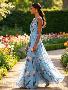 Women's Sleeveless V-Neck Chiffon Dress Women's Graduation Season Adult Ceremony Mother's Day Gift Sky Blue Vacation New Tulip Printed Evening Dress - 天藍色 - 查看 3