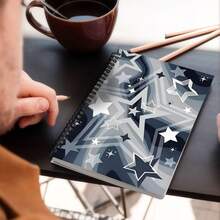 1 pieza Cuaderno minimalista de 5.5x8.3 pulgadas de vuelta al colegio, cuaderno de espiral con estampado de mármol azul marino, planificador estético neutro para la universidad y el trabajo de oficina - Estrellas grises - Ver 4