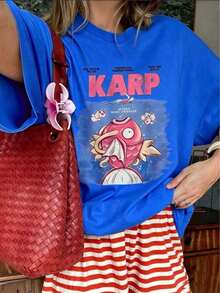1PSC2026 Women's Vintage T-Shirt With Japanese Koi Fish Print "KARP", Comfortable Anime Style, Short Sleeve, Unique Round Neck, Casual Urban Style, Pinterest Fashion, Summer T-Shirts, Classic Cotton T-Shirt With Fashion Print, Lightweight And Breathable. - 藍色 - 查看 5