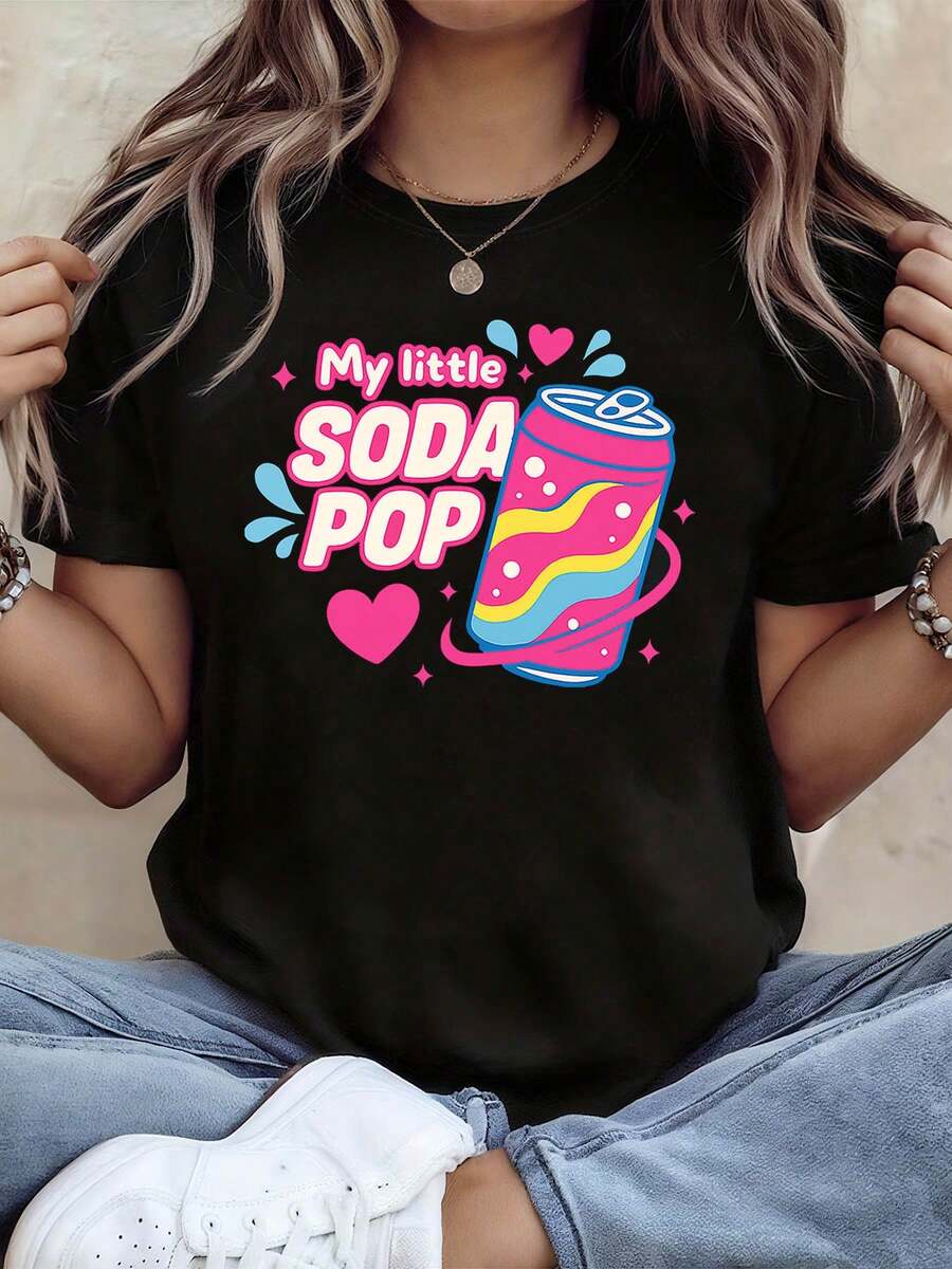 Women's Tops, Women's T-Shirts, Mother's Day, Casual Blouses For Ladies, Women's Tops, 2000s Style, Graphic Print T-Shirt For Women, Casual Short Sleeve Round Neck T-Shirt For Spring-Summer, Daily Leisure, Holiday Gift. - 黑色 - 查看 1