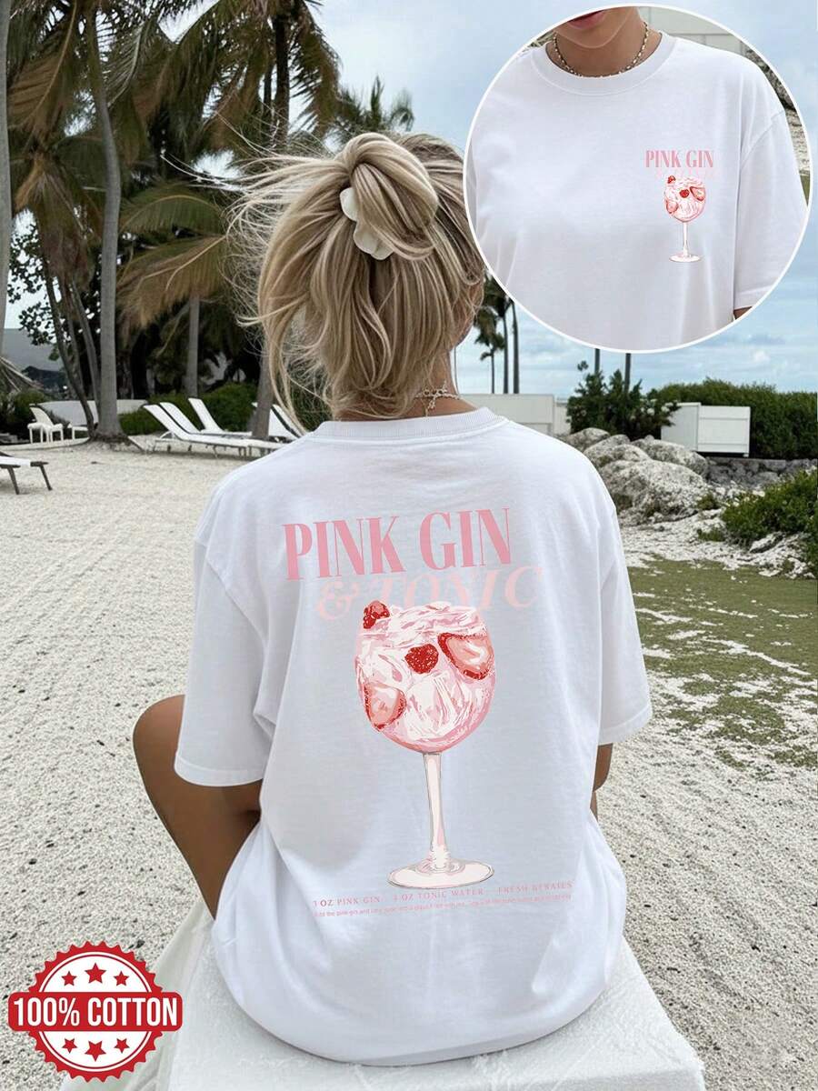 [Double-Sided Print] Casual Loose-Fitting Spring And Summer T-Shirt, Feminine Style, Berry Print, PINK GIN & TONIC Print, Pure Cotton Short-Sleeved T-Shirt, Off-The-Shoulder And Plus-Size For Fashionable Women. Elegant Party Outfit, T-Shirt For Elegant Ladies, Blouses Suitable For Curvy Women, Prom Skirts, Casual Wear - 白色 - 查看 1