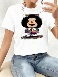 Cartoon Character With Multicolored Bow Symbolizing Joy And Optimism On A Dark Background That Transmits Positive Energy, Women's Double-Sided T-Shirt Casual And Comfortable For Everyday Use, Comfortable Clothing. - 白色 - 查看 7