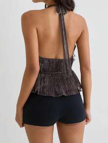 Women's Halter Neck Tank Top Sleeveless Open Back Ruched Cami Top Y2K Ruffle Hem Peplum Shirts With Tie Waist - Brown - View 3