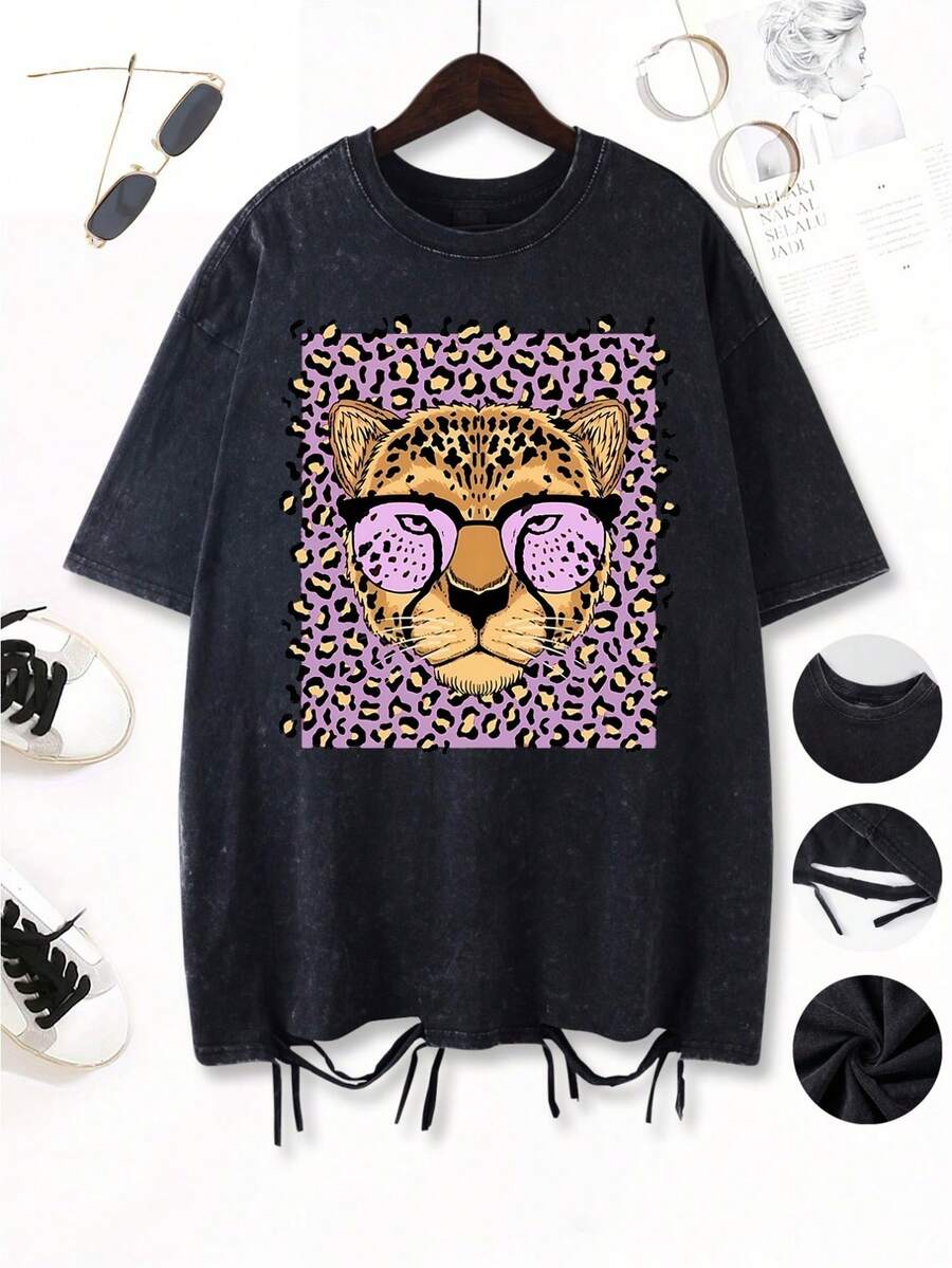 Women's Vintage Leopard Print T-Shirt - Vintage Animal Print T-Shirt In Olive Green And Pink, Soft And Breathable, Loose Fit, Short Sleeve, Round Neck, Unisex Urban Casual Style, Suitable For Summer And Everyday Wear, Machine Washable, Bold Style. - 黑色 - 查看 1