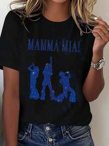 Women's Short-Sleeved T-Shirt, 100% Cotton, Printed With "Y2K Retro Mamma Mia!" Sequin Textured Silhouette, Machine Washable, Breathable, And Comfortable To Wear. Suitable For Streetwear, Parties, Social Events, Music Festivals, Bars, Daily Commutes, Outdoor Travel, And Can Be Worn Casually In Spring, Summer, And Autumn. - 黑色 3 - 查看 7