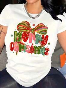 Women's Casual T-Shirt, Festive Christmas Design With Colorful Bow Print, For Christmas Parties, Casual Wear, Graphic T-Shirt, Women's Tops, Summer T-Shirt, Casual T-Shirt, Holiday Clothes For Women, Youthful And Fashionable Design. - 白色 - 查看 1