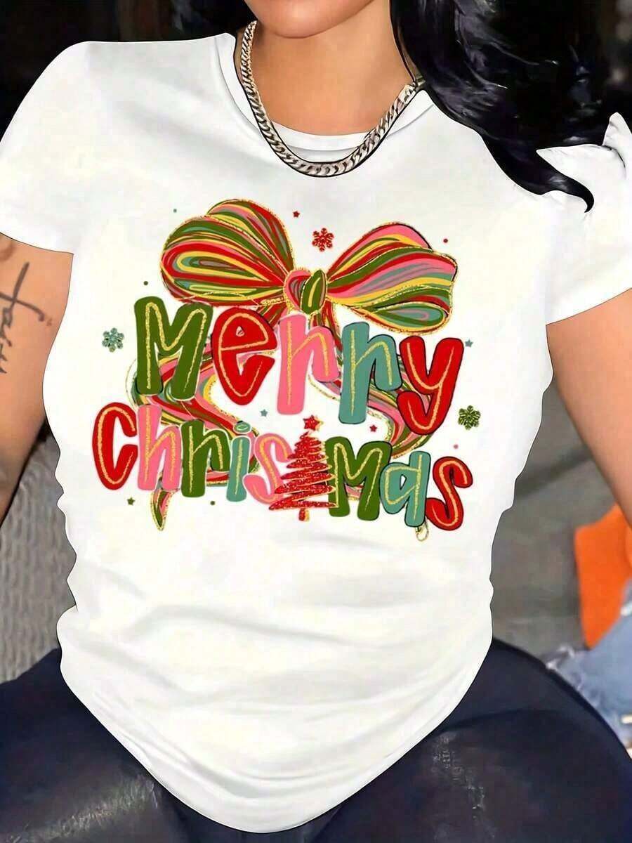 Women's Casual T-Shirt, Festive Christmas Design With Colorful Bow Print, For Christmas Parties, Casual Wear, Graphic T-Shirt, Women's Tops, Summer T-Shirt, Casual T-Shirt, Holiday Clothes For Women, Youthful And Fashionable Design. - 白色 - 查看 1